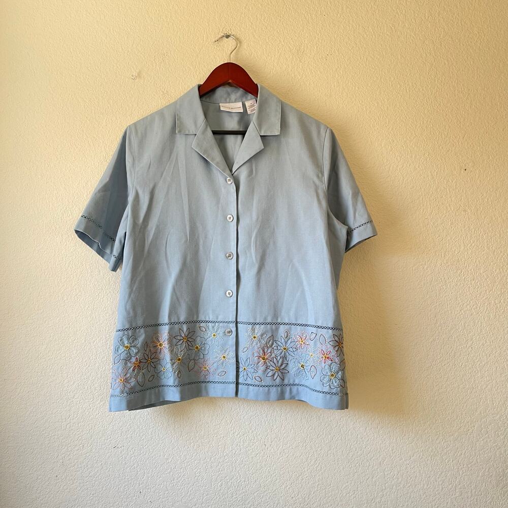 Vintage 80s/90s linen blend‎ button up floral embroidered shirt size 16